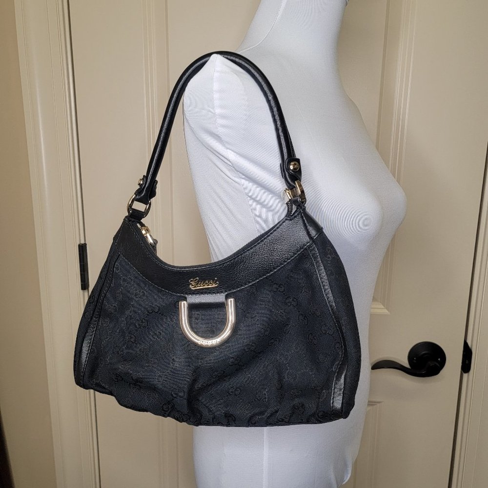 Gucci Black GG Canvas D-Ring Hobo - small
